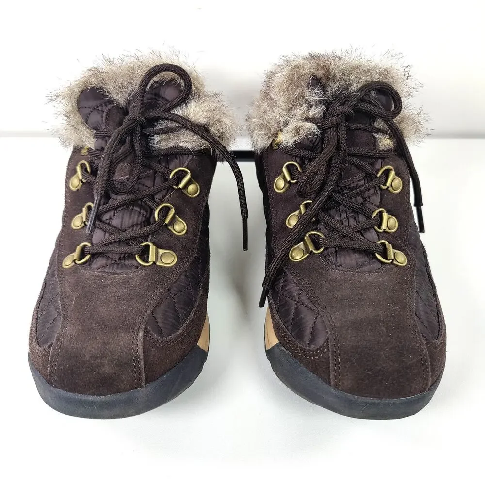 Lands' End Powder Belle Faux Fur Trim Winter Booties Brown Women's US 8 B